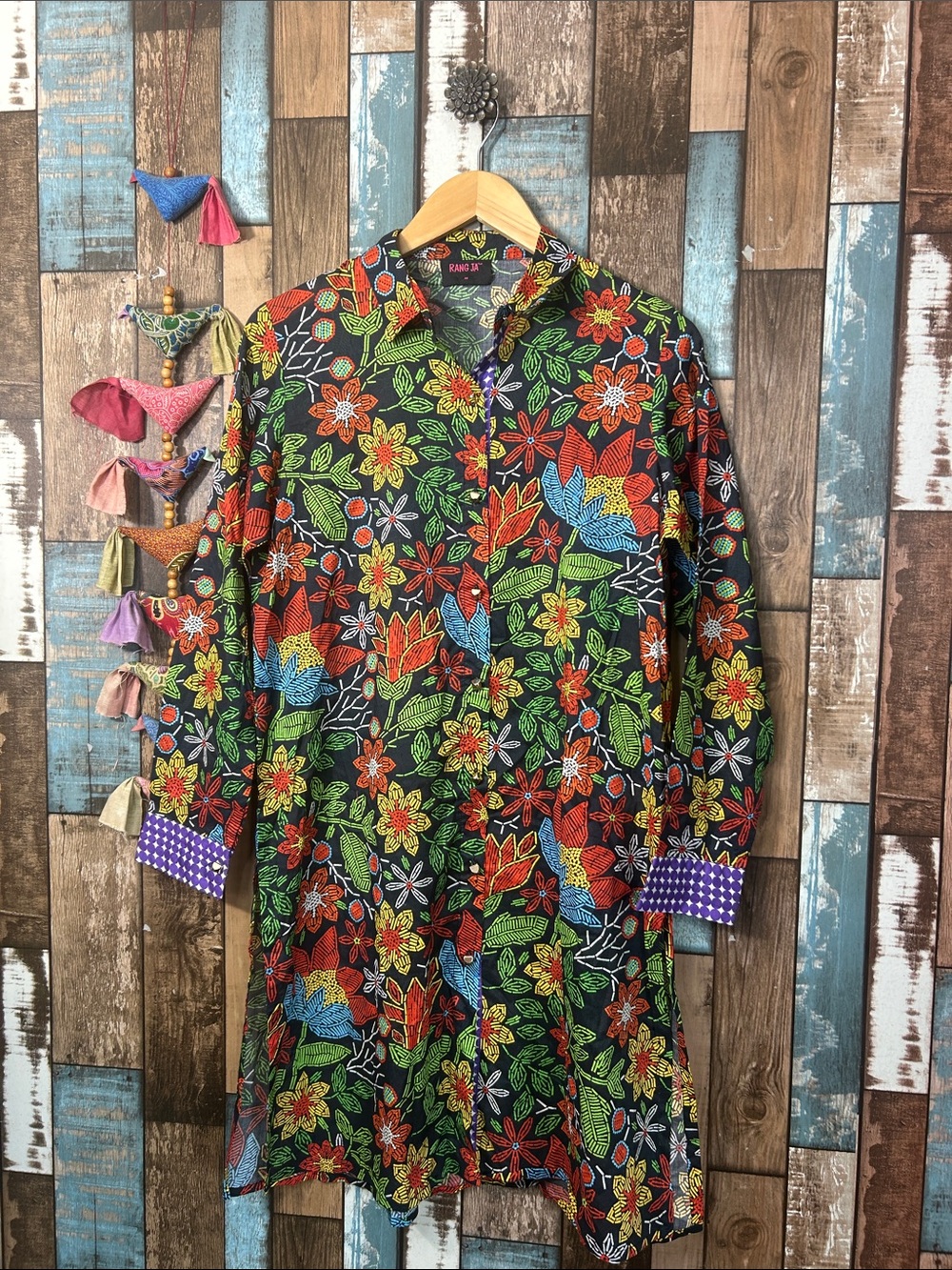Printed Floral Button-Down Shirt - Black with Multicolor Floral Print